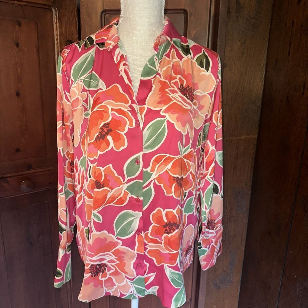 Womens Zara Top Blouse Shirt Satin Floral Print V Neck Collared Size XS - EUC